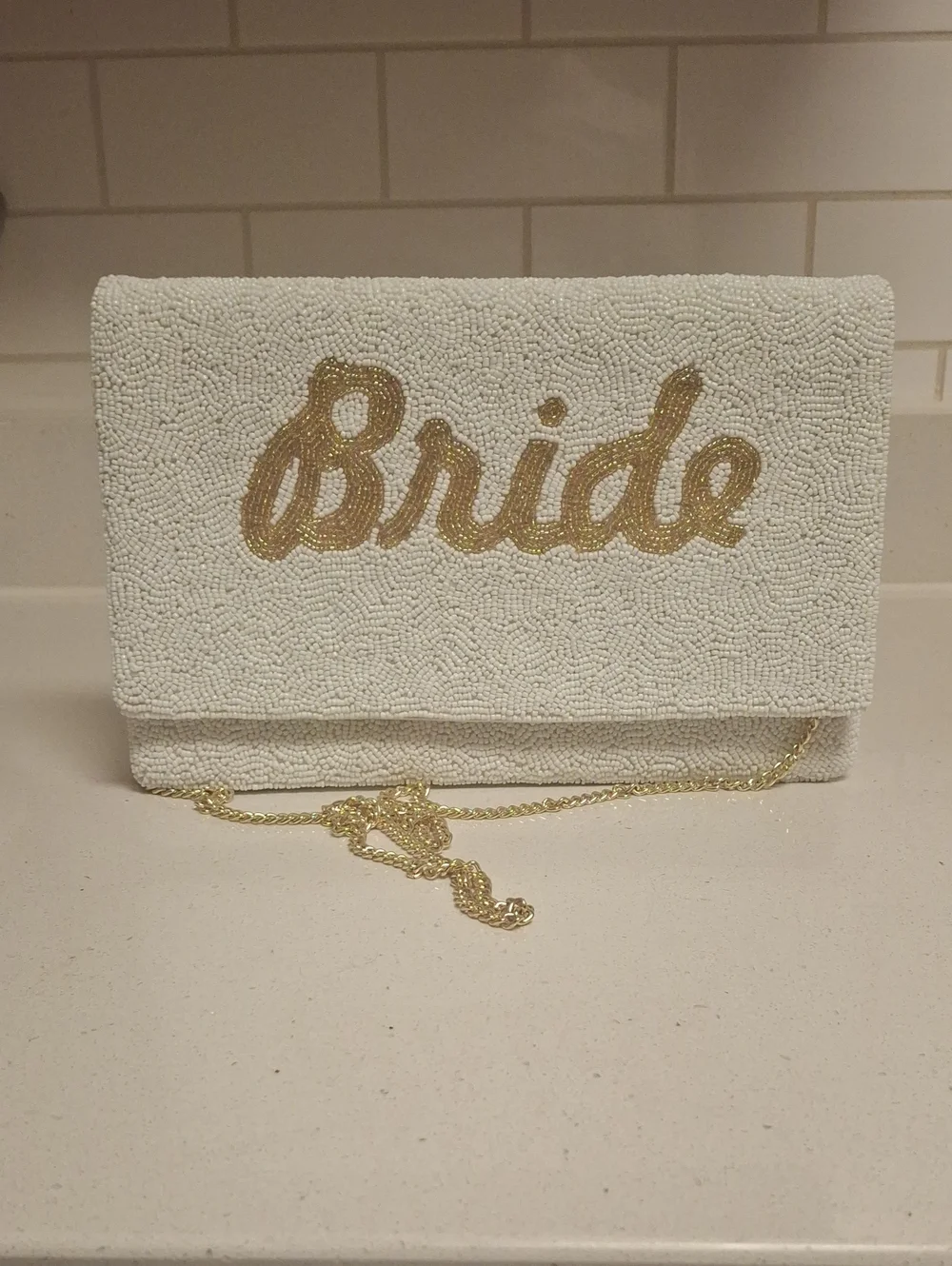 Bit & Bridle White Beaded Clutch with Gold 'Bride' Script